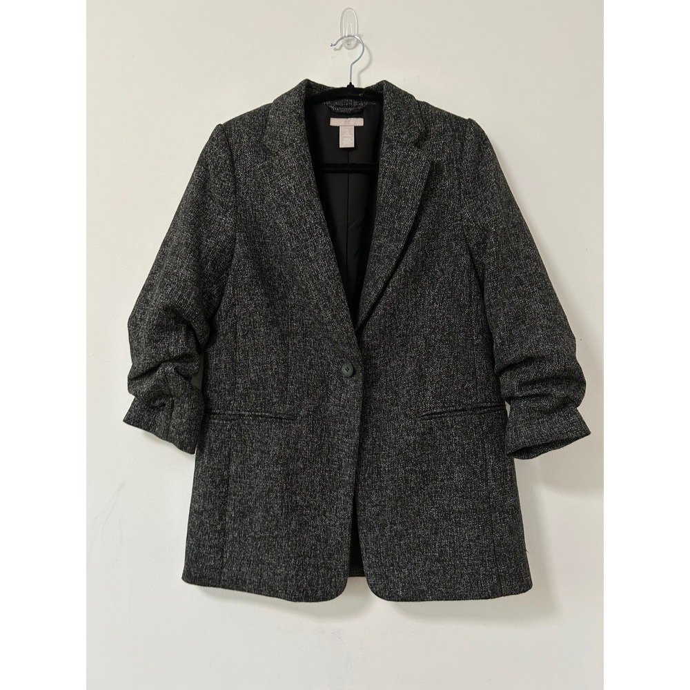 H&M Ruched Sleeve Blazer Women Size S Dark Grey Salt and Pepper Dark Academia